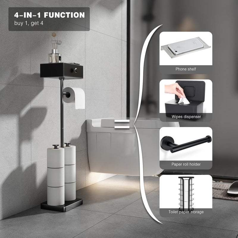 Voldra Toilet Paper Holder Stand with Shelf, Free Standing Black Toilet Paper Roll Holder with Wipes Storage Drawer Heavy Duty Floor Bathroom Tissue Holder Freestanding No Drill Tp Holder for 7 Rolls - Image 3